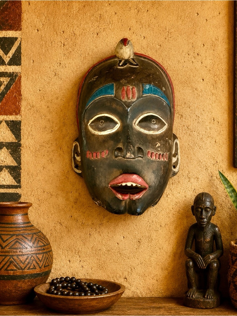 Wooden carved tribal African Dan tribe Ghana decorative mask